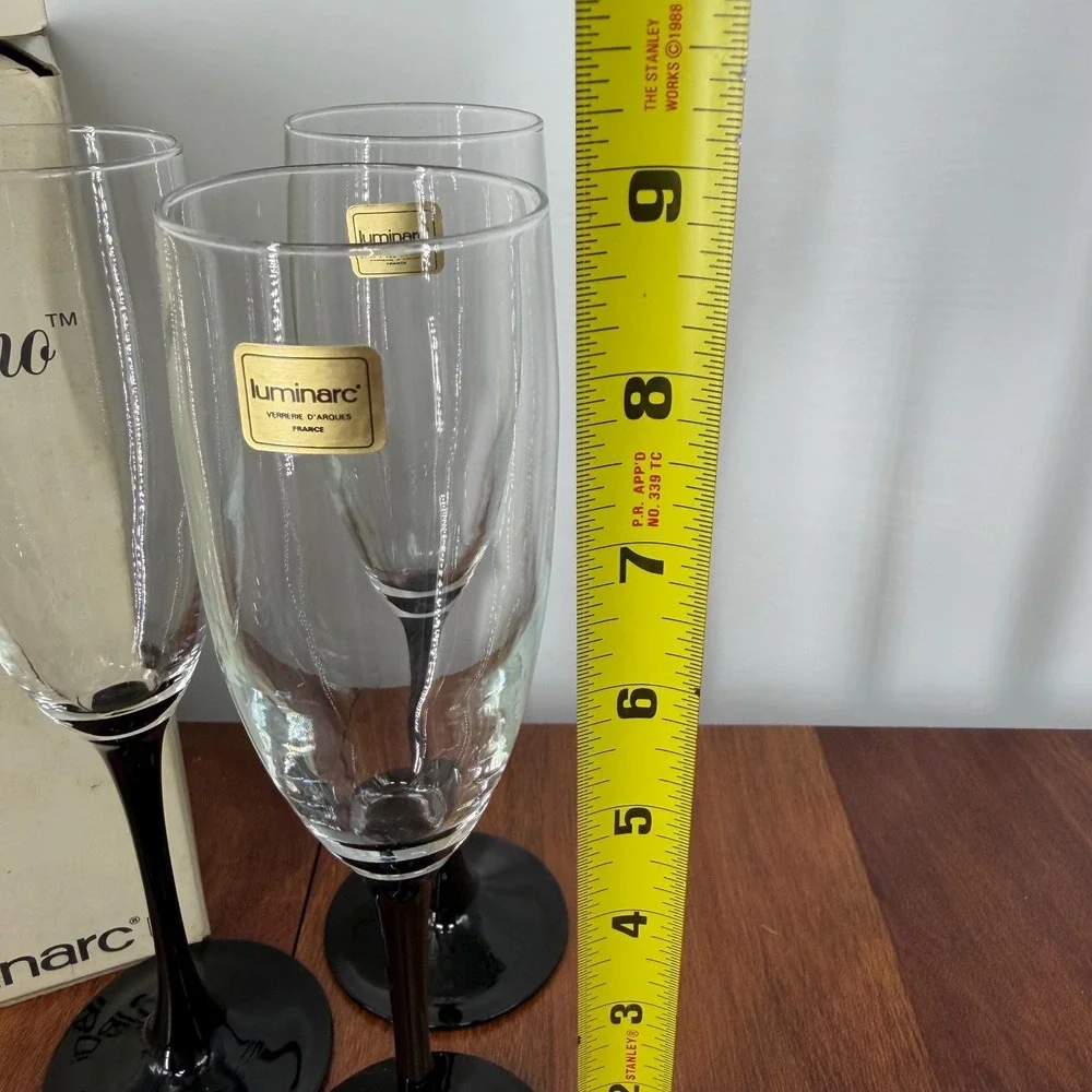 VTG Luminarc France Black Stem Champagne Flutes (4) Domino 1980s Original Box